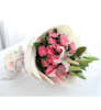 恩情无限---粉色康乃馨11枝，粉色多头香水百合2枝，栀子叶适量 白色雪梨纸，米白色平面纸，粉色吊花压纹纸 银灰色缎带(1190) 商品缩略图1