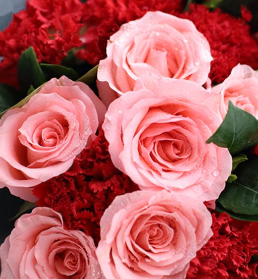 温馨思念--红色康乃馨19枝，戴安娜粉玫瑰11枝，栀子叶1扎 蓝灰色绝色纸2张，雪梨纸1张，粉色缎带1米(1181) 商品图3