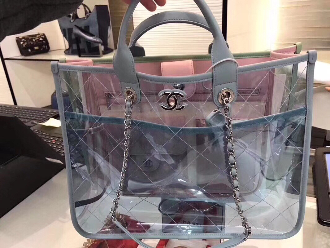 奢侈品【chanel香奈儿】18新款 pvc塑料透明果冻拼色度假包 手提包 小