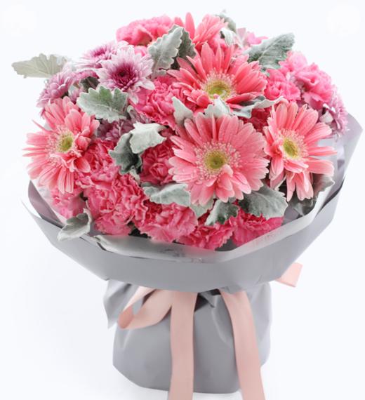 嫣然---粉色康乃馨19枝，粉色扶郎花5枝，紫色小雏菊3枝，银叶菊10枝 白色雾面纸，香芋紫／浅紫人造纸，粉色缎带花结（1211） 商品图0