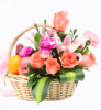 水果花篮-温馨祝福----粉香水百合1枝,粉玫瑰8枝, 粉康+紫康+紫边康乃馨间插,巴西叶和其他绿叶适量; 进口橙子3个,红富 藤编有柄花篮，粉色花结一个（1206） 商品缩略图0