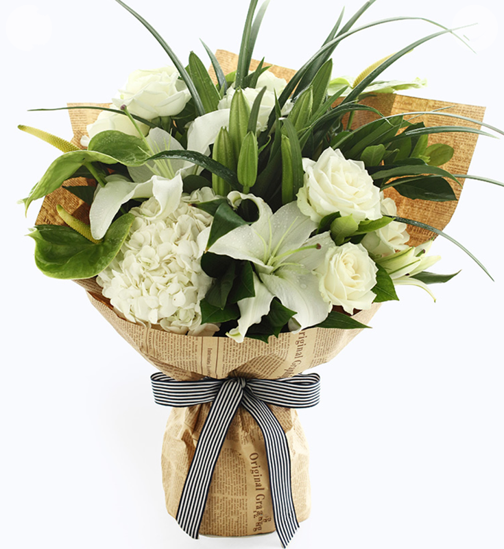 摩羯座守护花----绿掌3枝、白百合3枝、白玫瑰8枝、白绣球1枝、春兰叶1扎、栀子叶1扎 牛皮英文报纸2张、白蓝细条纹罗文带1.5米(1335)