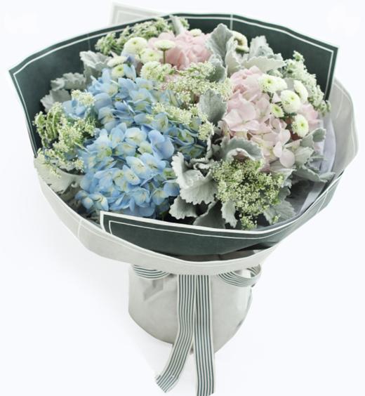 处女座守护花--浅蓝绣球1枝、浅粉绣球1枝、银叶菊8枝、蕾丝5枝 墨绿色素染纸2张、灰色素染纸2张、白色雪梨纸1张、白蓝细条纹罗文带1米(1390) 商品图0