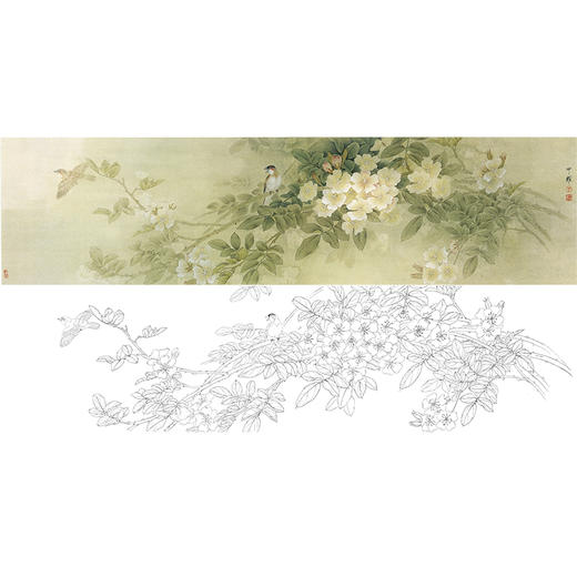 横幅工笔花鸟白描底稿-周中耀-《又聚蔷薇几度花》-多种白描尺寸可选-ZT40 商品图0
