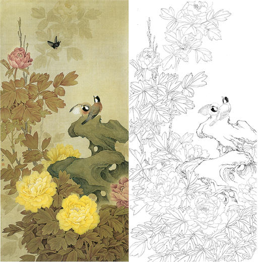 竖幅工笔花鸟白描底稿-周中耀-牡丹-ZT36 商品图0