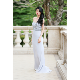 冰灰美背抹胸晚礼服