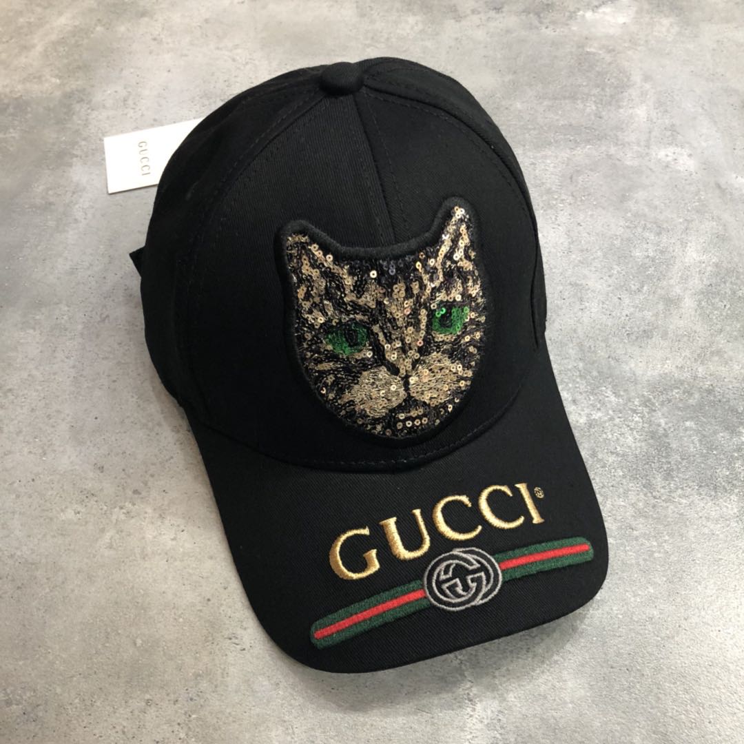 gucci 18春新款 独家发售 g猫亮片绣花棒球帽 前沿 织带 帽檐 全是