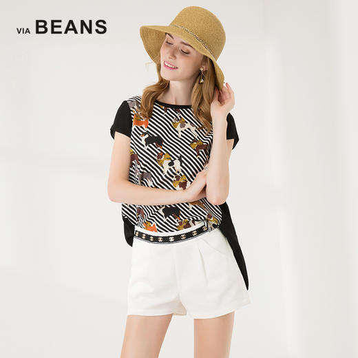 VIA BEANS  圆领前条纹后收折短袖T恤\8922040052 商品图2