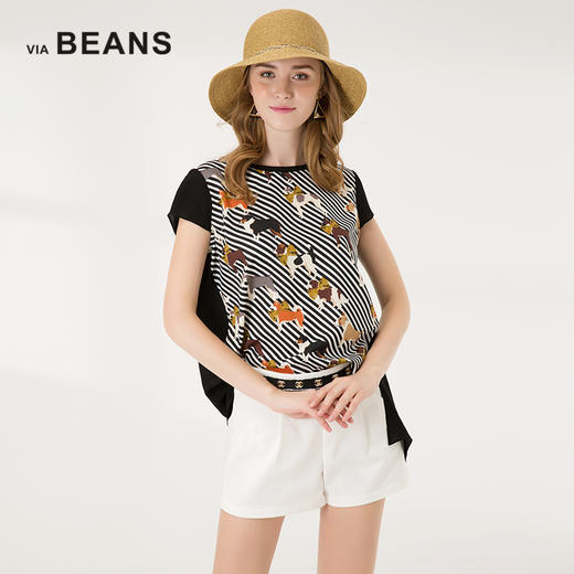 VIA BEANS  圆领前条纹后收折短袖T恤\8922040052 商品图1