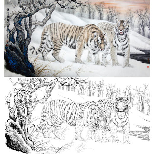 横幅工笔动物白描底稿-老虎-王爱民-《快雪骄阳》-多种白描尺寸可选-WH04 商品图0