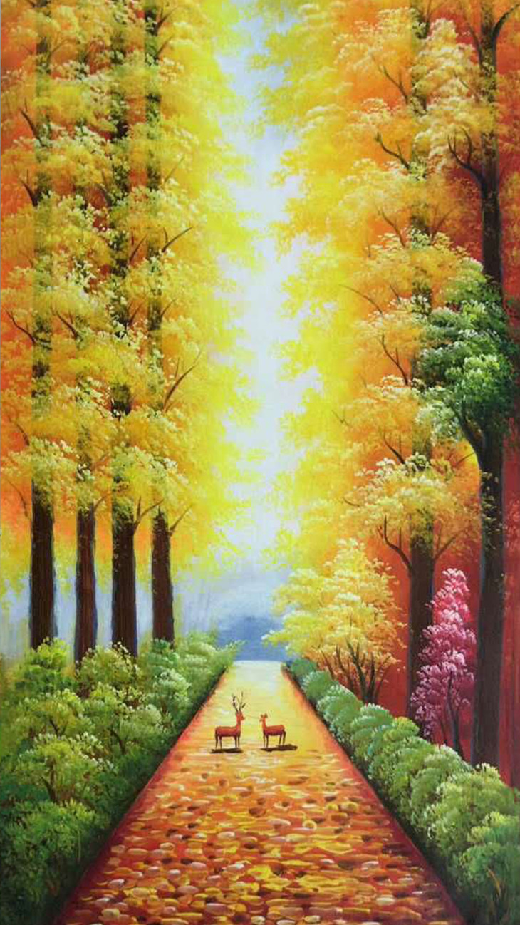 画艺坊手绘黄金大道小鹿风景油画玄关装饰画单幅走廊
