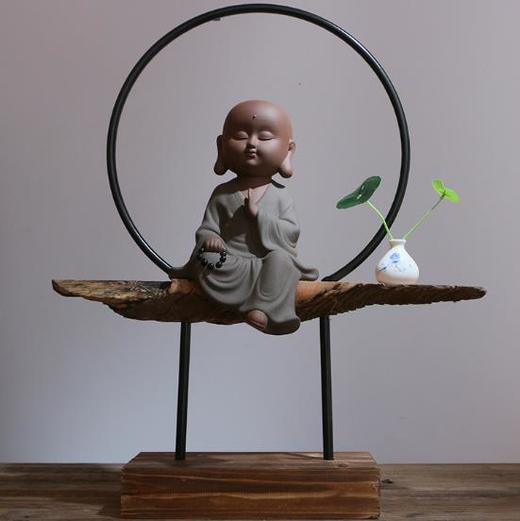 【家居摆件】*禅意家居摆件 陶瓷工艺品大号小和尚禅悟中式玄关镇宅紫砂陶佛像 商品图7
