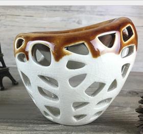 【创意家居】。创意时尚鸟巢 陶瓷冰裂釉镂空香薰精油灯炉现代家居摆设