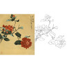俞致贞工笔花鸟白描底稿-山茶花-斗方小品册页-JV16 商品缩略图0