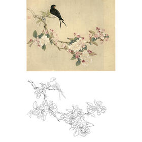 俞致贞工笔花鸟白描底稿-海棠花《西府海棠》-斗方小品册页-JV25