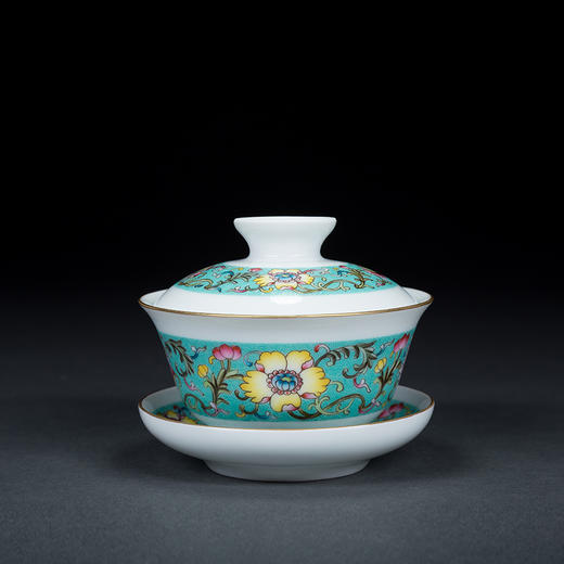 湖水绿扒花粉彩花卉小罗汉杯6头茶具 商品图1