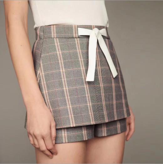【服饰】风情优雅清爽英伦格子米棕色格纹白系带裙裤短裤女 商品图0