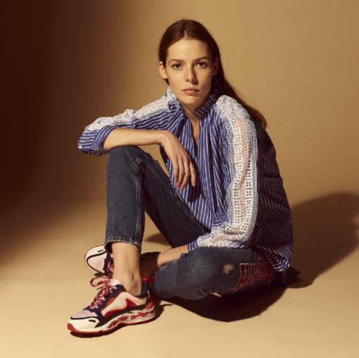 【服饰】。S家竖条纹拼接花边衬衣上衣 商品图1