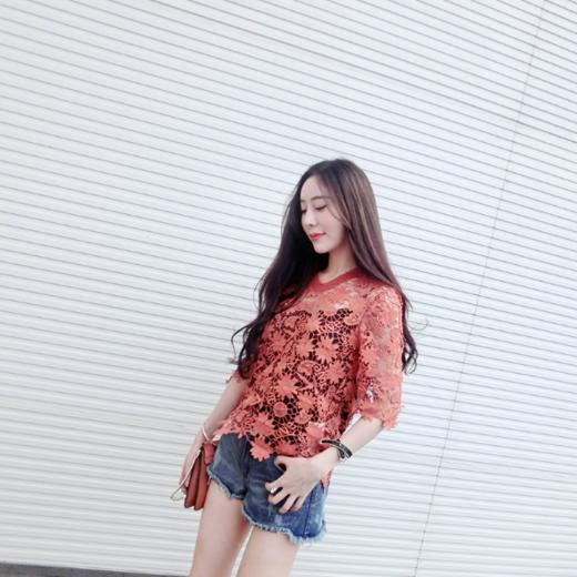 【服饰】轻奢 唯美土橙色 蕾丝钩花上衣附吊带 商品图1