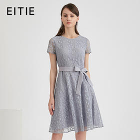 EITIE爱特爱女装夏季蝴蝶结系带蕾丝钩花连衣裙A字裙女裙B1807042