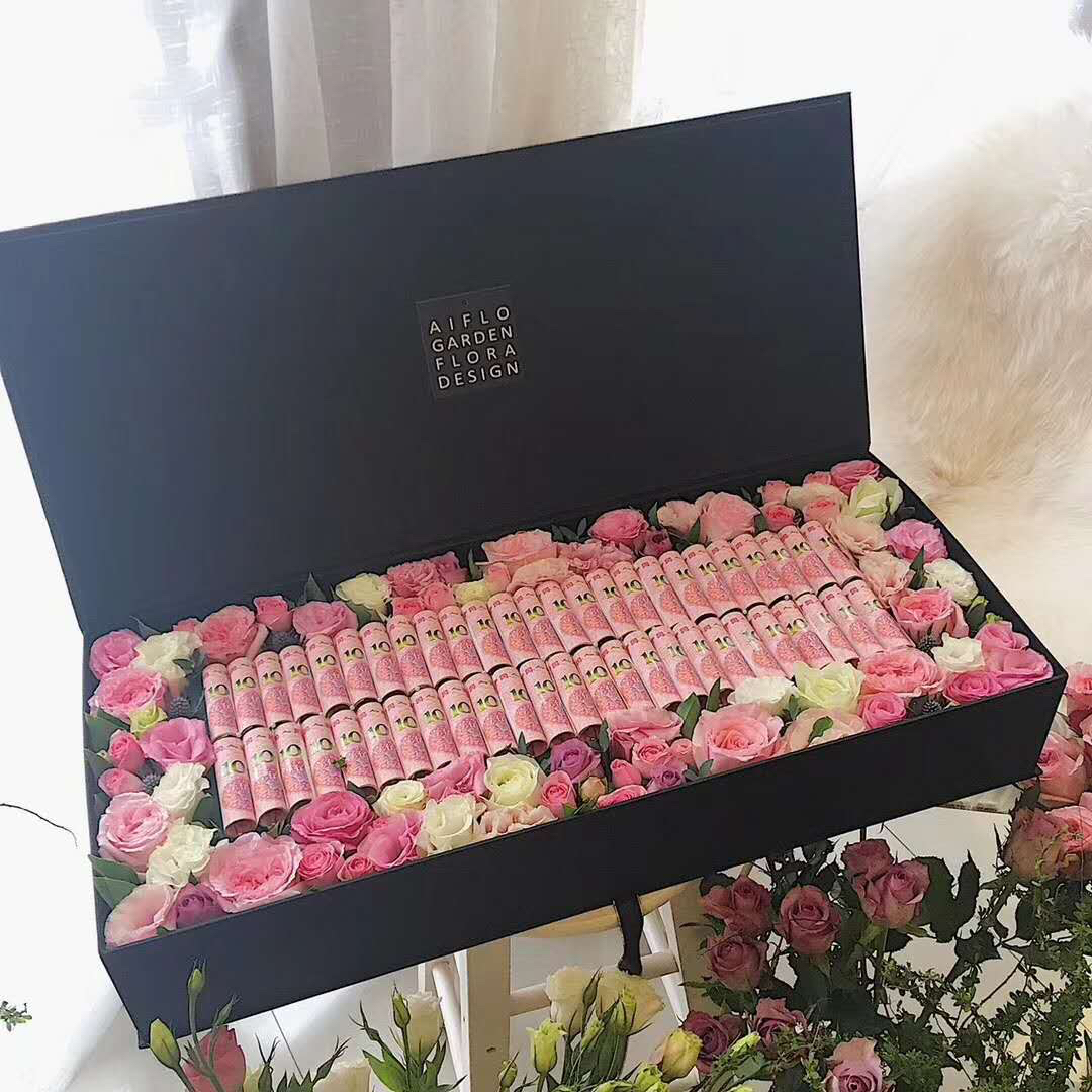 【有钱花-花盒】玫瑰花+人民币,玫瑰长盒礼盒