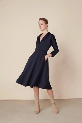 Atelier Miss Lu/  Sandra - 深蓝真丝立领连身裙