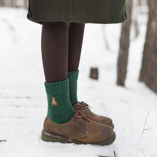 靴下物春款卡通小熊刺绣棉袜复古毛圈堆堆袜纯色基础款中筒袜子女 商品图1
