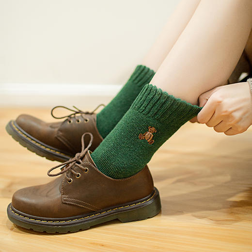 靴下物春款卡通小熊刺绣棉袜复古毛圈堆堆袜纯色基础款中筒袜子女 商品图2