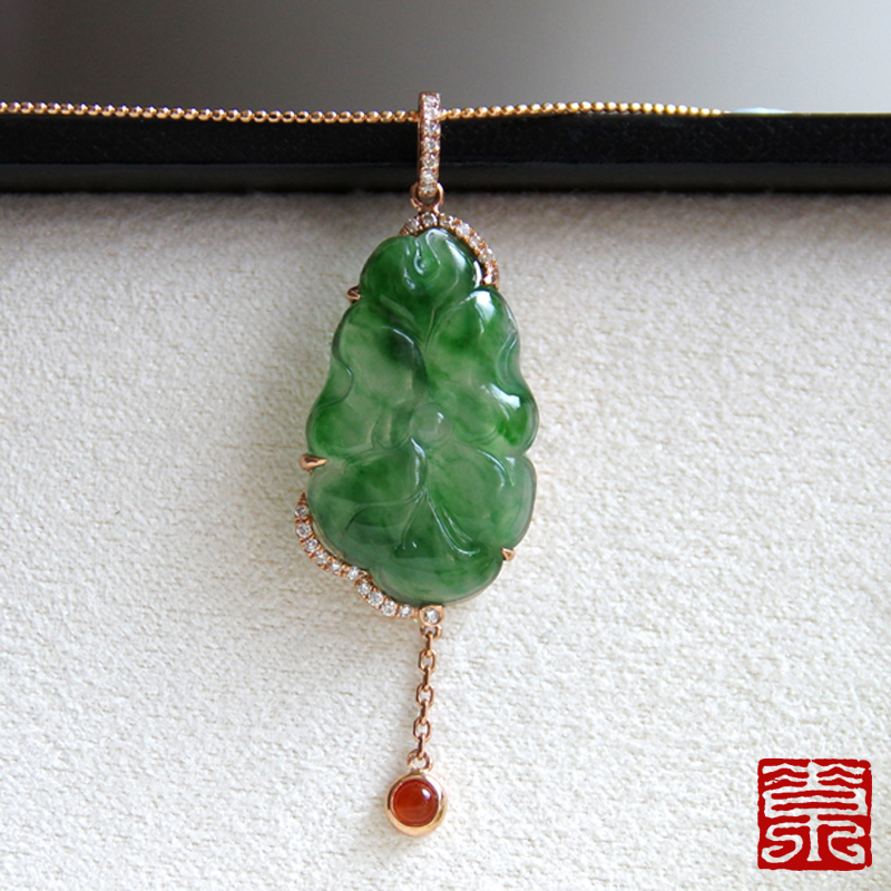 【芙蓉】老坑冰糯种精镶飘花翡翠荷叶吊坠/18k金镶嵌