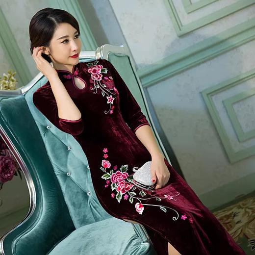 新款大码长款丝绒绣花婚宴旗袍 JY-1701 商品图0