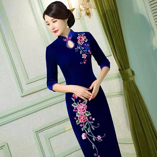 新款大码长款丝绒绣花婚宴旗袍 JY-1701 商品图1