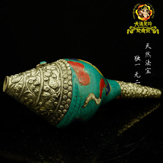 尼泊尔手工镶嵌彩宝白铜雕花右旋海螺八吉祥八供法螺26cm 商品图2