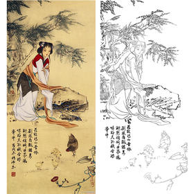 竖幅工笔传统人物白描底稿-金陵十二钗-巧姐避祸-JC12