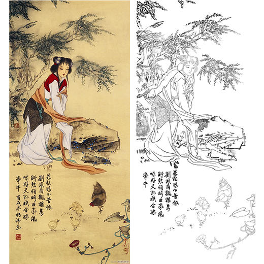 竖幅工笔传统人物白描底稿-金陵十二钗-巧姐避祸-JC12 商品图0