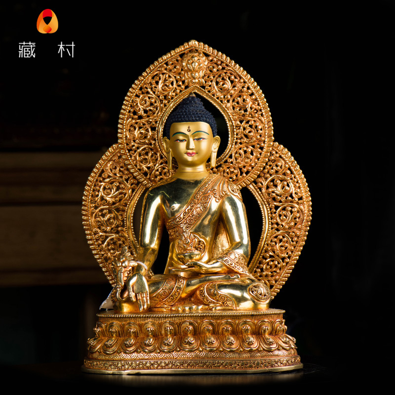 药师佛佛像藏传佛教密宗佛像摆件尼泊尔精品纯铜全鎏金10寸带背光