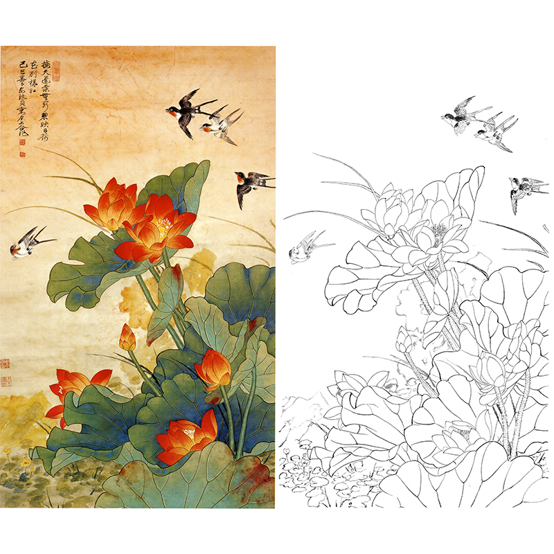 俞致贞工笔花鸟-荷叶小燕-jv33