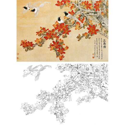 俞致贞工笔花鸟白描底稿-绶带鸟木棉花《益寿图》-斗方小品册页-JV30 商品图0