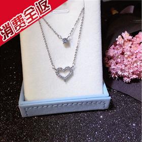 （首饰）S925纯银时尚双层爱心单钻项链日韩版潮流可爱小清新饰品 银饰