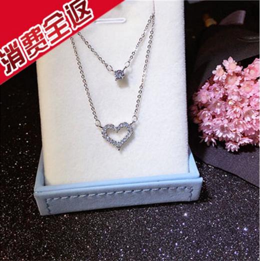 （首饰）S925纯银时尚双层爱心单钻项链日韩版潮流可爱小清新饰品 银饰 商品图0