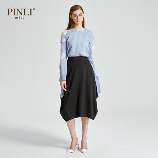 PINLI品立夏季新款女装条纹贴布绣蕾丝长袖衬衫潮A182313114 商品图1
