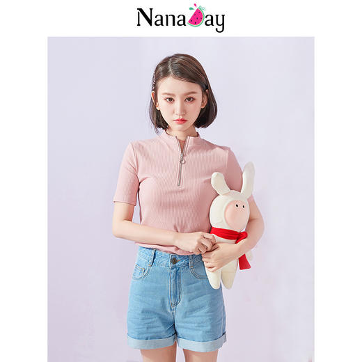 娜娜日记2018夏装新款女装韩版粉色拉链修身短袖半高领T恤上衣NL8098 商品图5