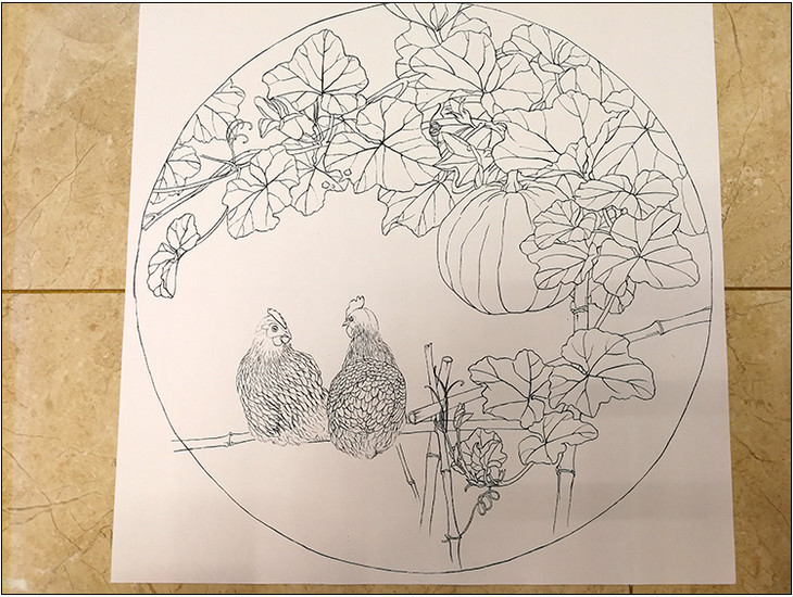 ts26 工笔画团扇白描底稿 国画花鸟临摹勾线实物打印