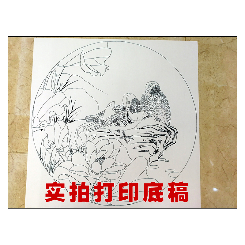 ts100周中耀工笔画荷花鸳鸯白描底稿国画花鸟临摹练习