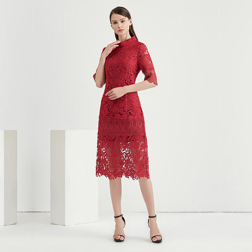 EITIE爱特爱女装秋季新品蕾丝半高领五分袖优雅晚礼服中长裙5677314 商品图2