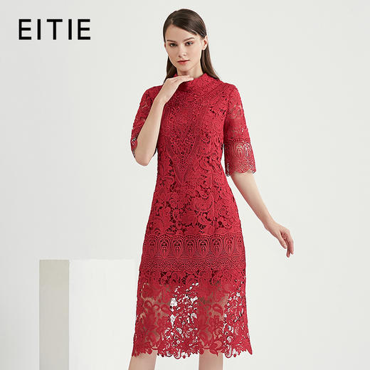 EITIE爱特爱女装秋季新品蕾丝半高领五分袖优雅晚礼服中长裙5677314 商品图0
