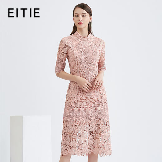 EITIE爱特爱女装秋季新品蕾丝半高领五分袖优雅晚礼服中长裙5677314 商品图1