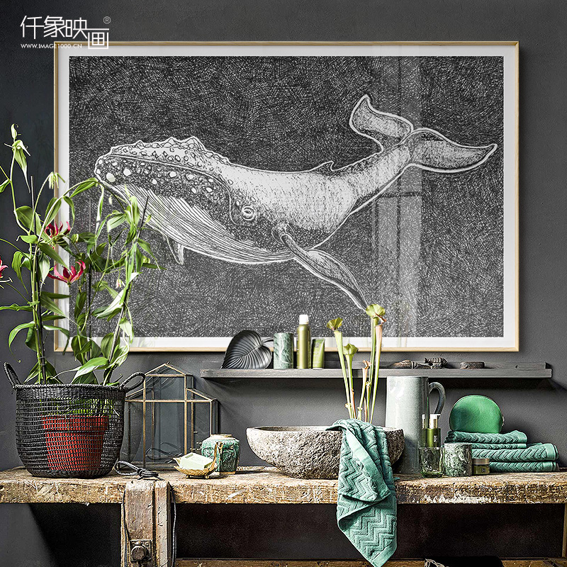 鲸鱼 艺术家sting chen 简约黑白装饰画