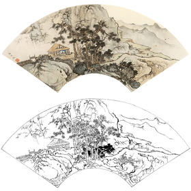 孙天牧工笔山水人物扇面小品白描底稿-《开轩卧闲敞》-多种白描尺寸可选-ST19