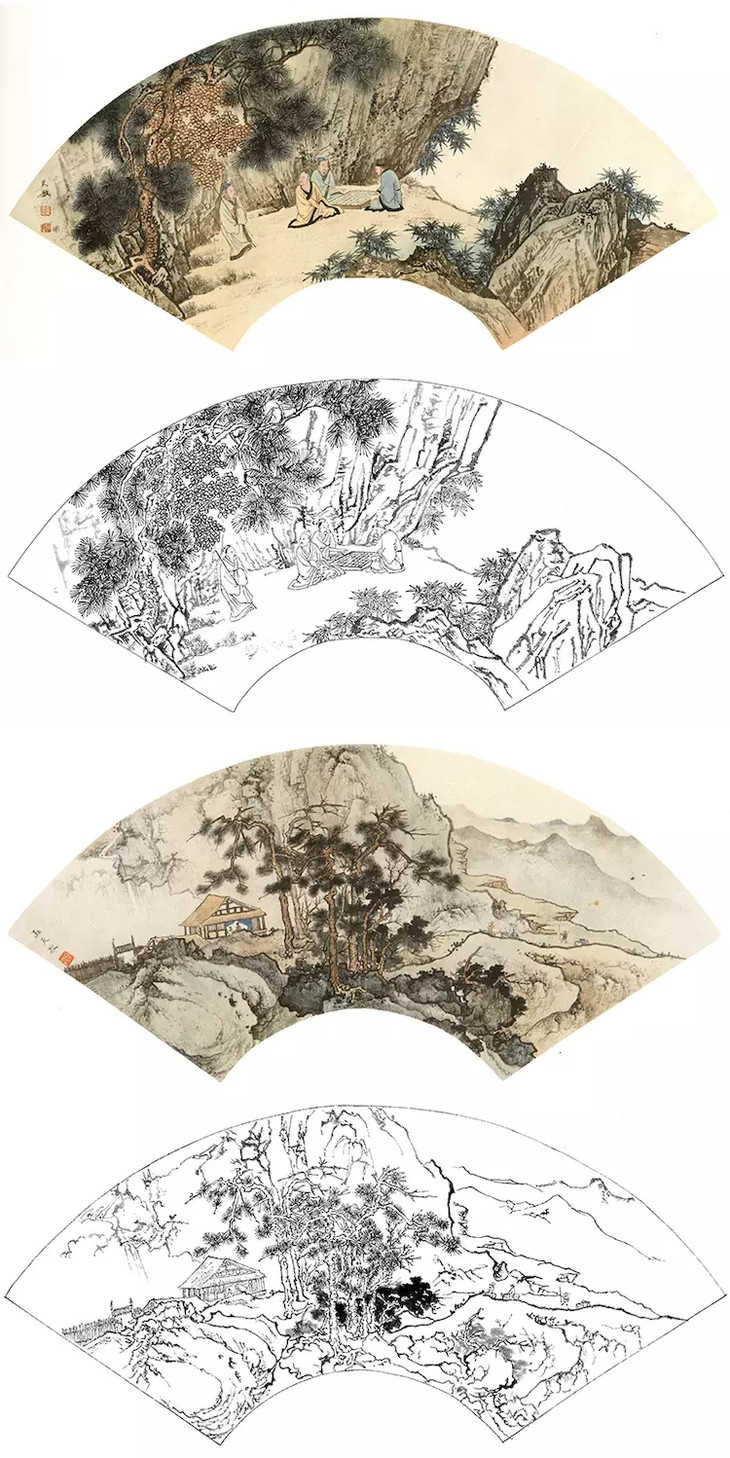 孙天牧工笔山水人物扇面白描底稿st00