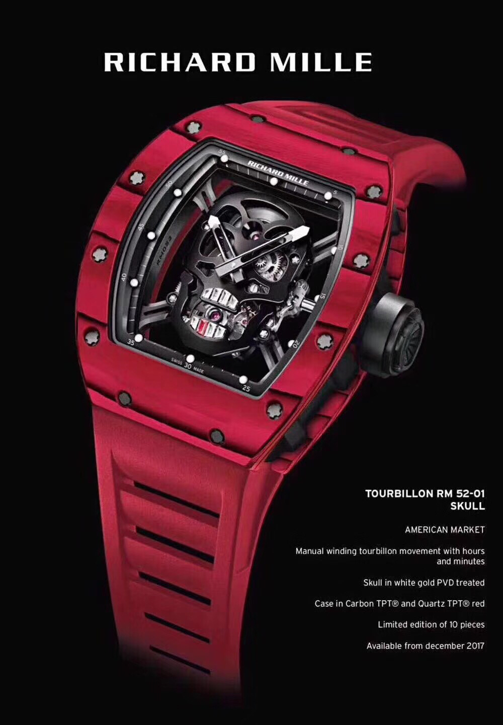 理查德米勒红色骷髅头机械腕表